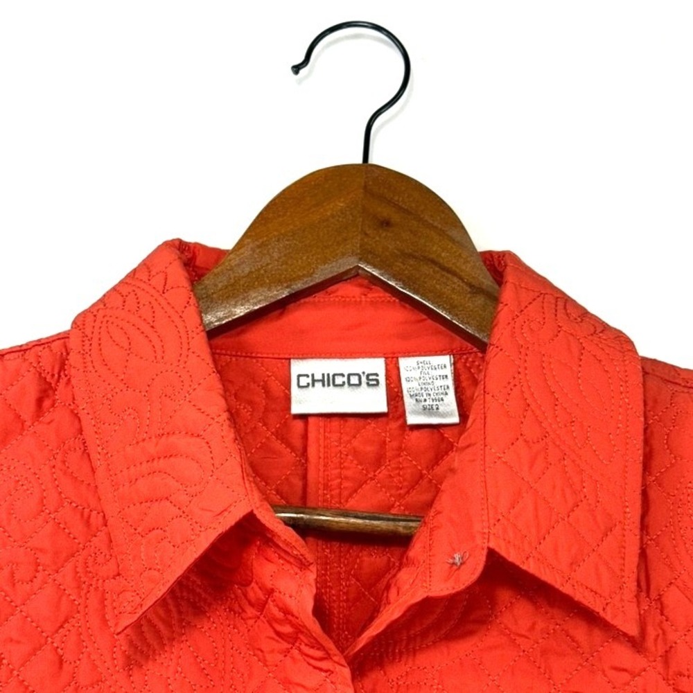 Chicos Quilted Jacket Orange Button Front Collar Long Sleeve Women's Size 2